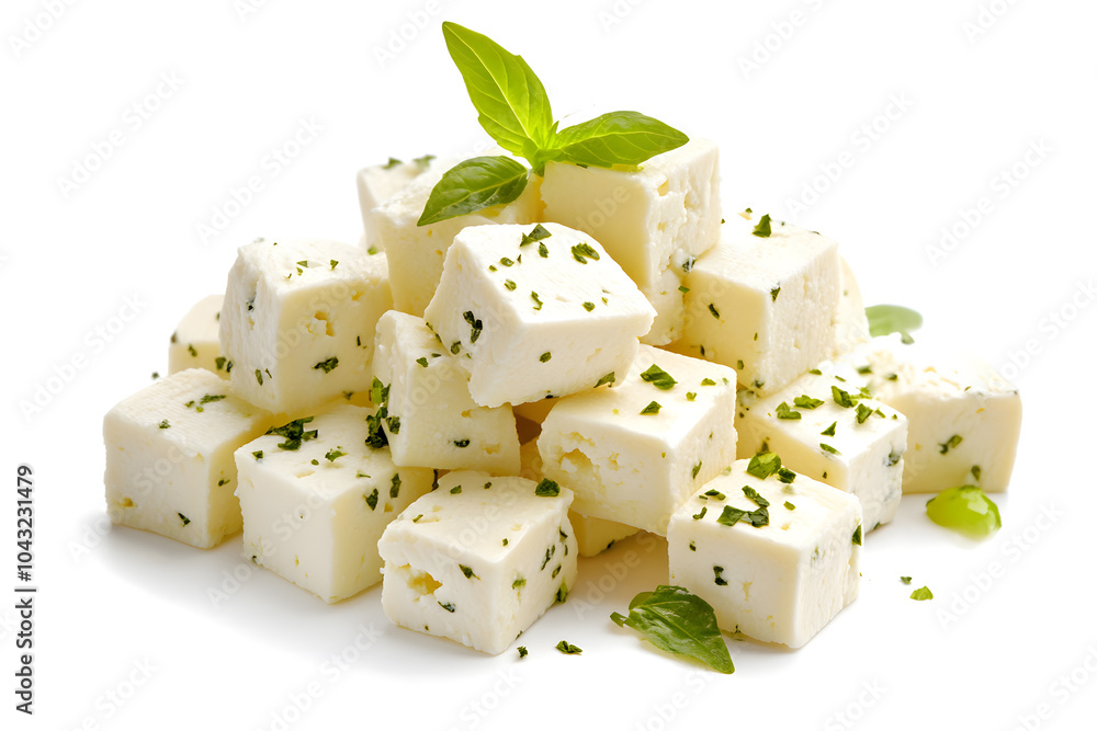 Feta cheese cut in cubes, isolated on white background Feta cheese cut in cubes, isolated on white background
