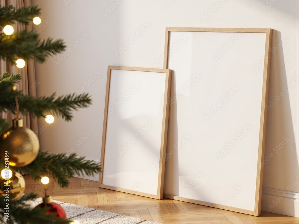 Mockup of two posters in a light wooden frame leaning against a white wall, with a decorated Christmas tree. Cozy Christmas holiday theme with Scandinavian aesthetics. Poster mockup Mockup of two posters in a light wooden frame leaning against a white wall, with a decorated Christmas tree. Cozy Christmas holiday theme with Scandinavian aesthetics. Poster mockup