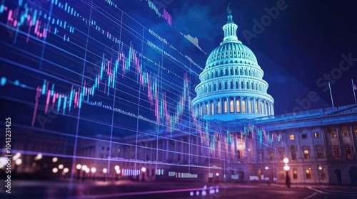 The U.S. Capitol with a dynamic overlay of stock market charts and financial data, symbolizing the relationship between politics and economic markets.