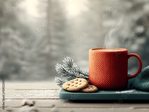 Cozy Christmas morning scene with a steaming mug of coffee and a plate of fresh homemade cookies surrounded by warm and inviting atmospheric lighting inside a cabin in the snowy woods photo