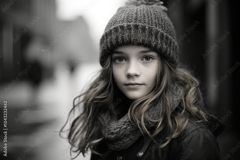 Portrait of a beautiful girl in a hat and scarf on the street Portrait of a beautiful girl in a hat and scarf on the street