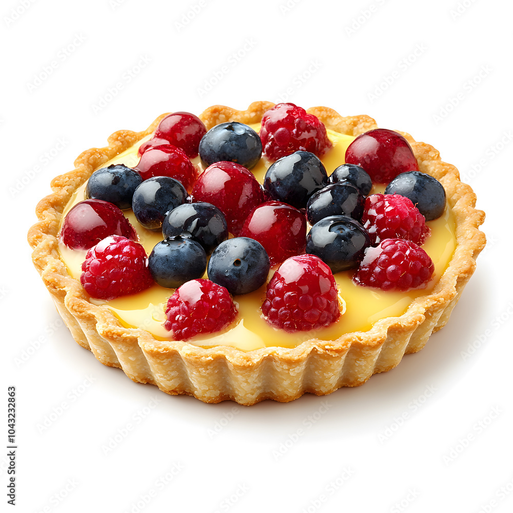 Fresh fruit tart topped with cream and fresh berries isolated on white background Fresh fruit tart topped with cream and fresh berries isolated on white background