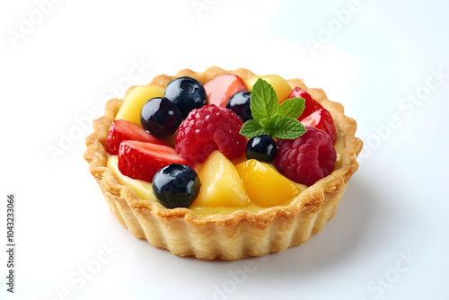 Fresh fruit tart topped with cream and fresh berries isolated on white background