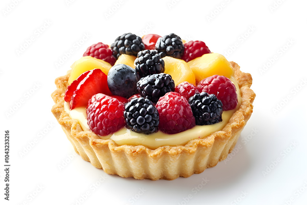 Fresh fruit tart topped with cream and fresh berries isolated on white background Fresh fruit tart topped with cream and fresh berries isolated on white background