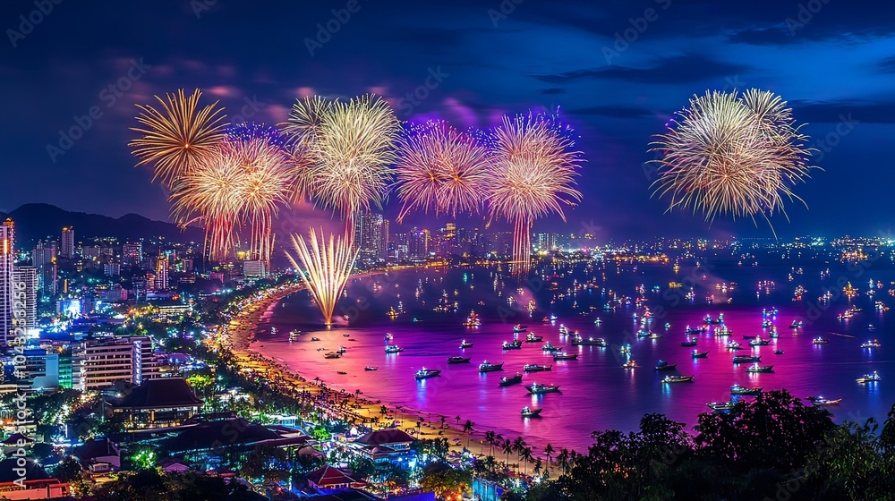 Fototapeta premium A breathtaking display of colorful fireworks lighting up the night sky over Pattaya Beach during the International Fireworks Festival.