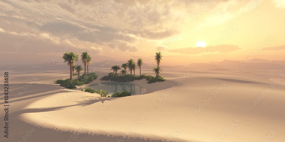 Obraz premium Oasis in the desert sand. Palm trees and a lake. 3d rendering.