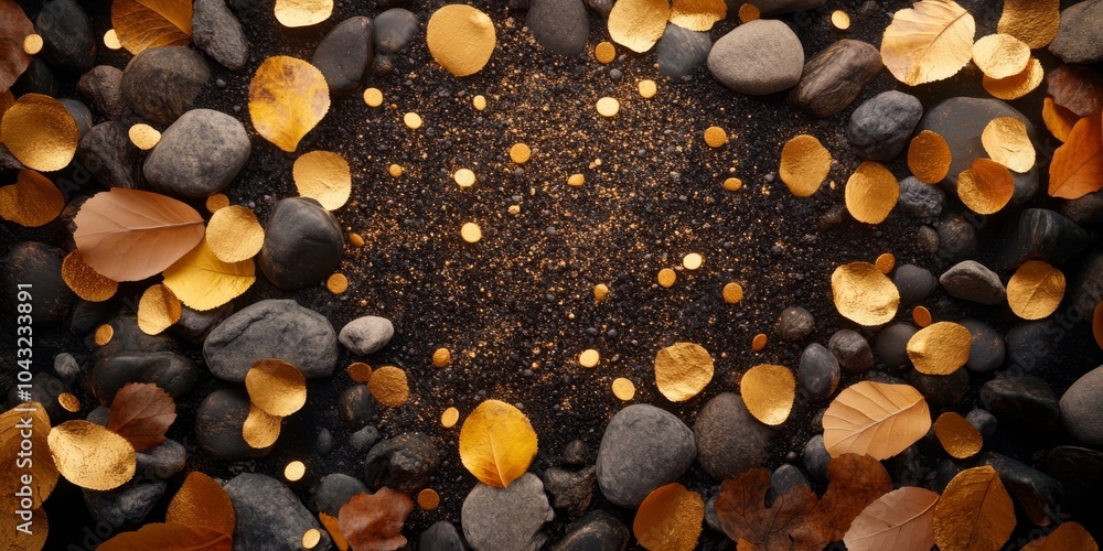 Fototapeta premium Beautiful autumn leaves and smooth stones creatively arranged to form a stunning natural background with warm and earthy tones.