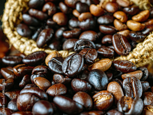 Roasted coffee beans poured out of a brown sack, close up of roasted coffee beans