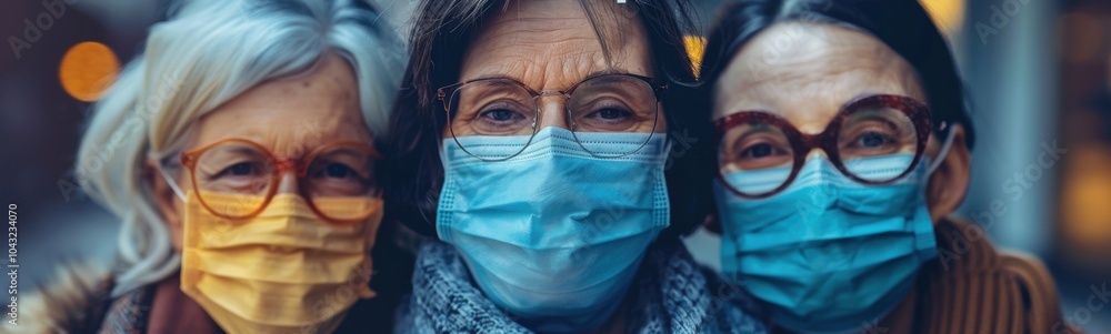 Three women wearing masks and glasses are standing together Three women wearing masks and glasses are standing together