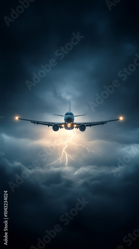 A stunning visual of an aircraft soaring through dark stormy clouds highlighted by dramatic lightning encapsulating the power and beauty of flight amidst nature's fury photo