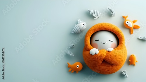 Cute and playful cartoon figure resting comfortably on a plain white backdrop rendered in a warm inviting digital technique with a nostalgic storybook inspired aesthetic and photo