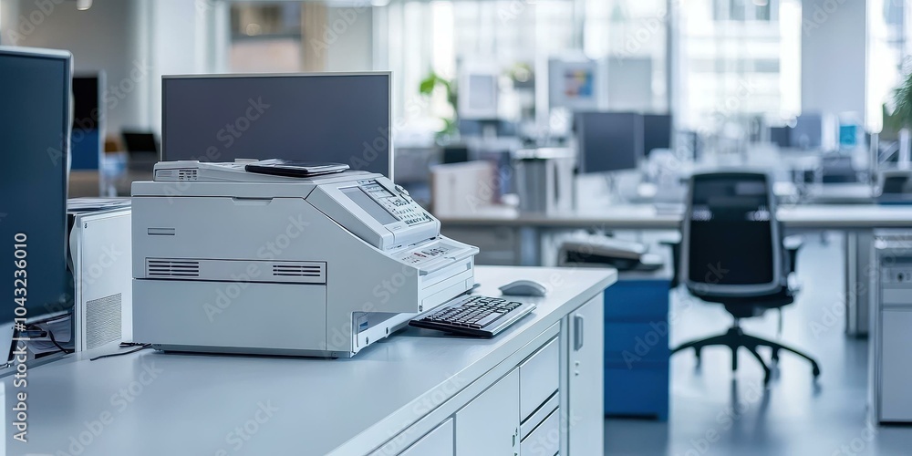 Modern Office Printer on Desk in a Bright Workspace Modern Office Printer on Desk in a Bright Workspace
