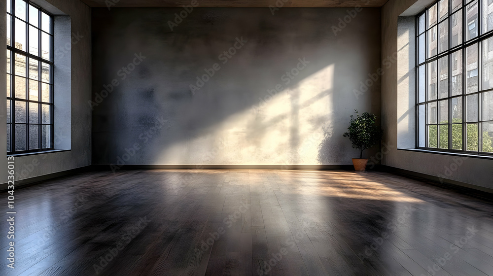 Empty Room with Wood Floor and Large Windows 3D Illustration Empty Room with Wood Floor and Large Windows 3D Illustration