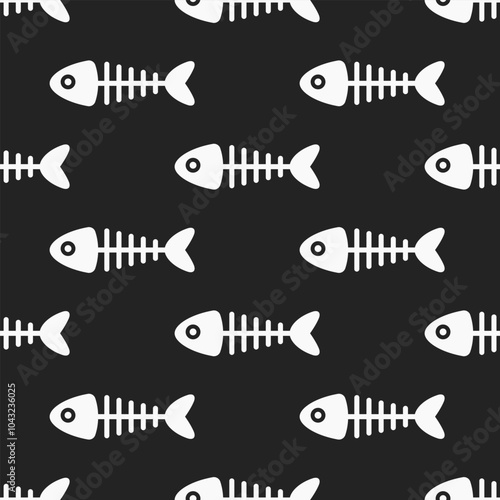 White fish bones on black background. Vector seamless pattern.