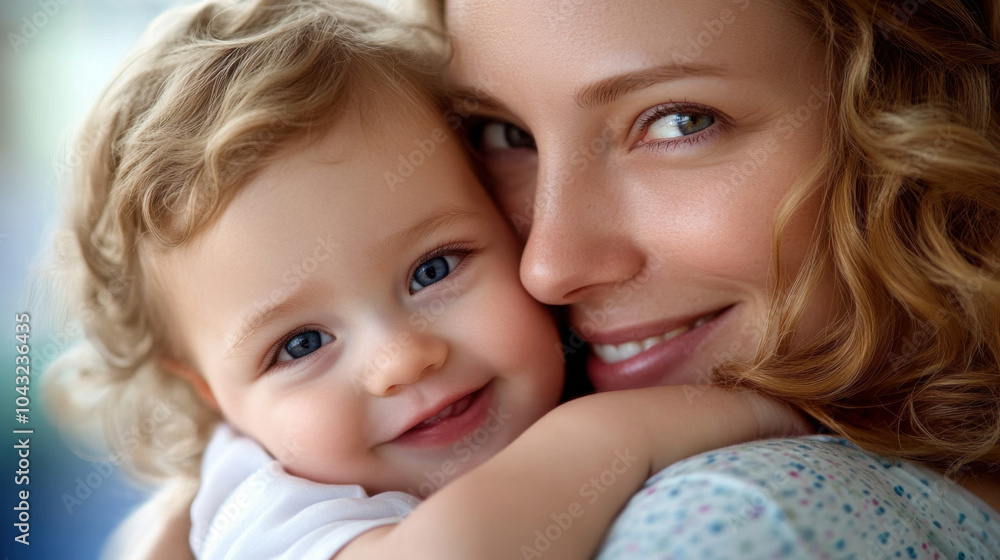 joyful moment shared between mother and her infant, both smiling warmly. soft morning light enhances their expressions, creating heartwarming scene of love and connection joyful moment shared between mother and her infant, both smiling warmly. soft morning light enhances their expressions, creating heartwarming scene of love and connection