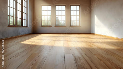 Empty Room with Wooden Floor and Windows 3D Illustration