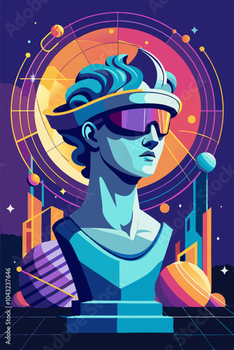 Futuristic neon art: retro digital sculpture with planetary backdrop