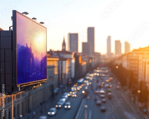 City street with illuminated billboard at sunset, skyscrapers in the background. Ideal for urban lifestyle and advertising themes. photo