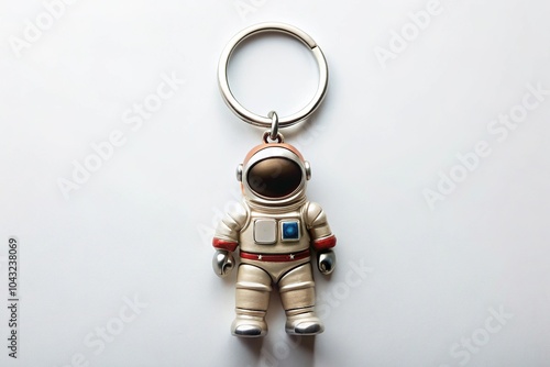 High angle view of astronaut key chain on isolated white background