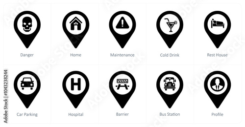 A set of 10 Location Pointer icons as danger, home, maintenance