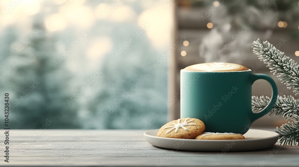 Naklejka premium Festive Christmas scene with a steaming mug of freshly brewed coffee and a plate of homemade holiday cookies creating an intimate and comforting mood with cinematic lighting nostalgic film grain
