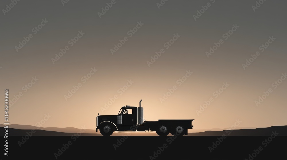 Fototapeta premium A black semi-truck is silhouetted against a sunset sky.