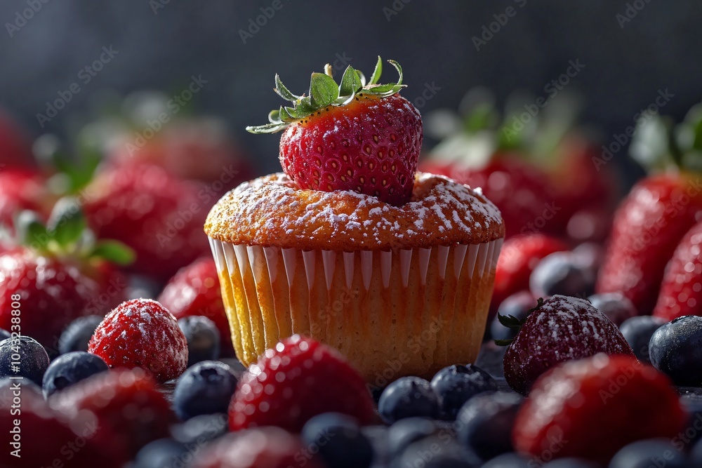 Delicious Cupcake with Fresh Berries on Dark Background Delicious Cupcake with Fresh Berries on Dark Background
