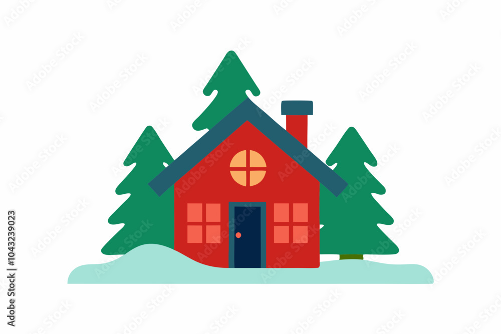Naklejka premium Cozy Cabin in the Snow Vector Illustration on a White Background