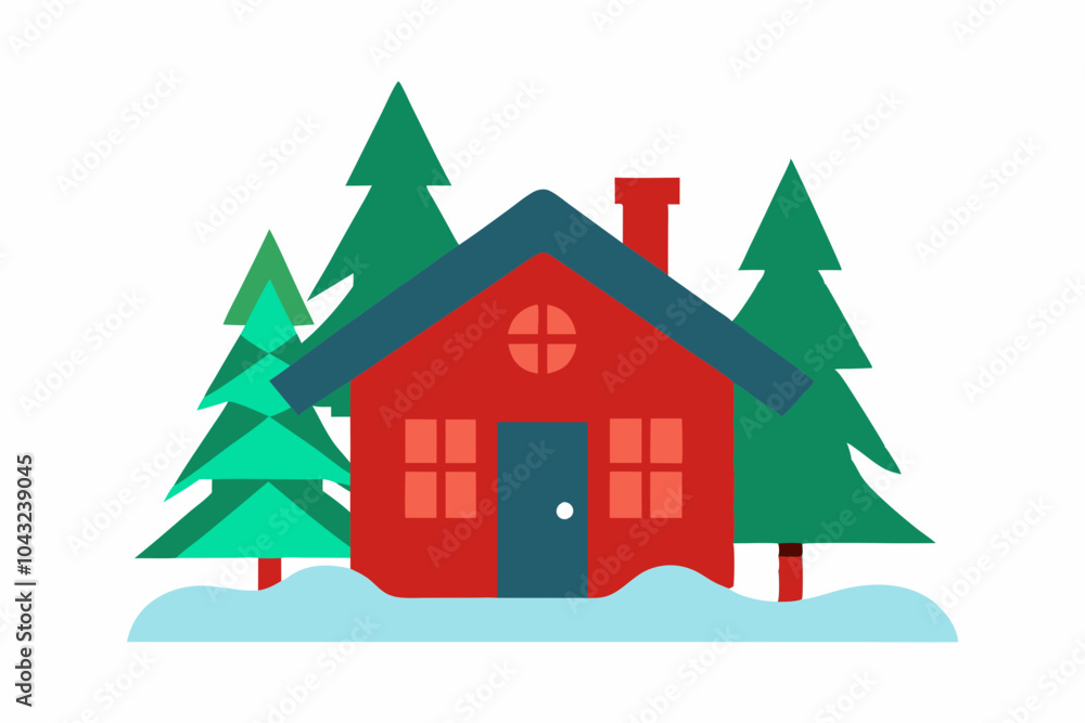 Naklejka premium Cozy Cabin in the Snow Vector Illustration on a White Background