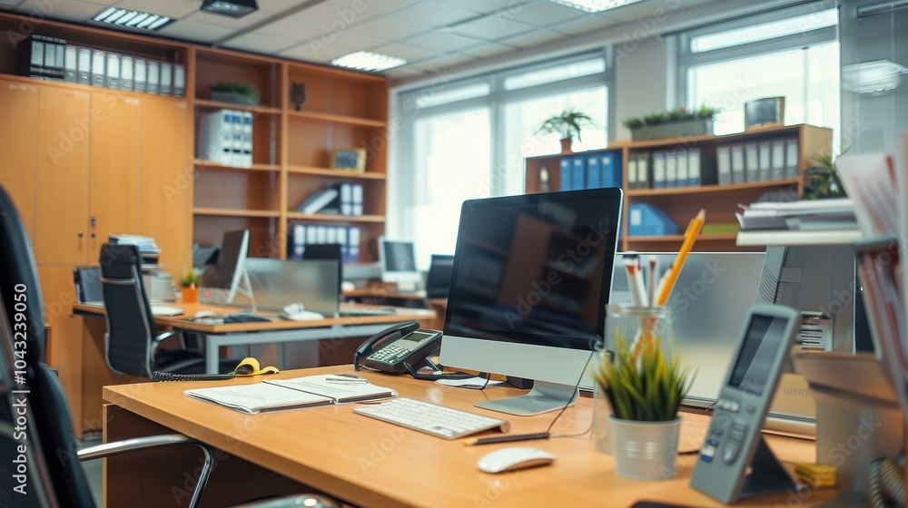 Modern Office Interior Design: Desk Setup with Computer Monitor and Office Supplies Modern Office Interior Design: Desk Setup with Computer Monitor and Office Supplies