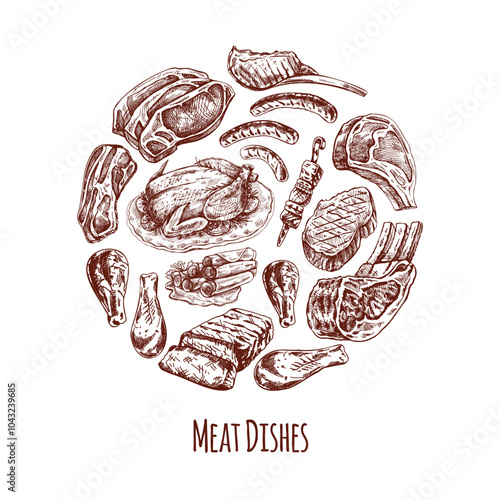 Elements in circle. Meat  menu template in engraved vintage style. Hand-drawn sketches of barbecue meat (Multiple values)