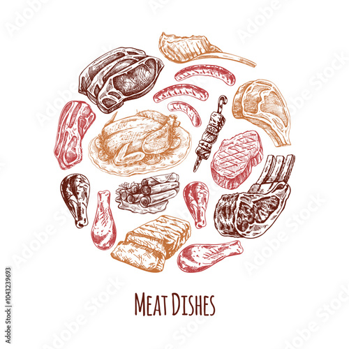 Elements in circle. Meat  menu template in engraved vintage style. Hand-drawn sketches of barbecue meat