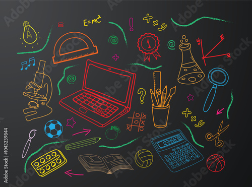 School colorful chalk educational doodles set with laptop