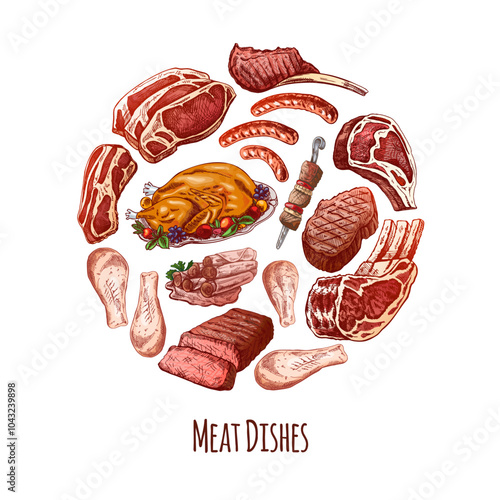 Elements in circle. Meat  menu colored template in engraved vintage style. Hand-drawn sketches of barbecue meat