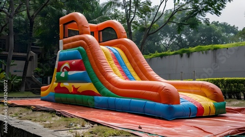 Children's Summer Fun: Inflatable Bounce House Water Slide in Backyard Playground photo