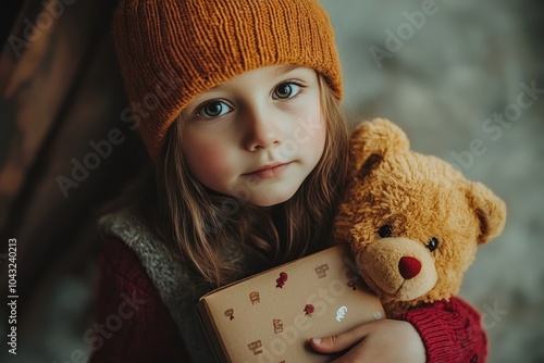 closeup portrait of Cute little girl hugging a teddy bear on winter day. Safe Toys and Gifts Month concept photo