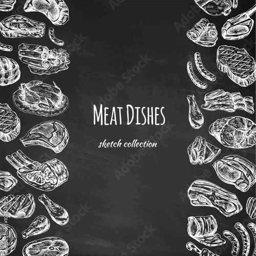 Meat  menu template in engraved vintage style on chalkboard background. Hand-drawn sketches of barbecue meat pieces. Background for meat restaurant..