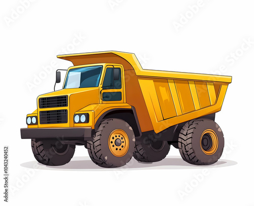 Yellow dump truck with a large bed, big wheels, and a black chassis on a white background.