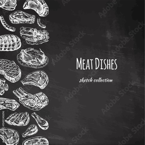 Meat  menu template in engraved vintage style on chalkboard background. Hand-drawn sketches of barbecue meat pieces. Background for meat restaurant..