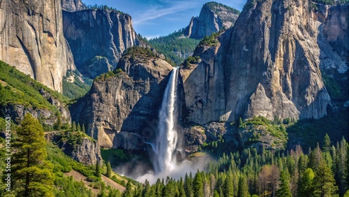 High angle view of Bridalveil Waterfall in Yosemite from a medium distance photo