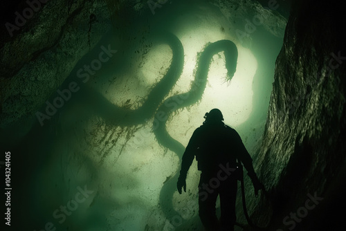 diver explores mysterious underwater cave, illuminated by eerie green light, revealing silhouette of ghostly sea serpent. atmosphere is both haunting and captivating, evoking sense of adventure and