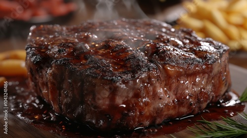 Close-up of a juicy grilled steak with steam, accompanied by golden fries in the background, served on a wooden board, ready to eat.