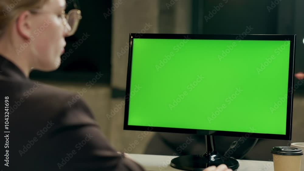 Young Woman Working In Office On Desktop Computer with Green Screen Mock Up Display. Over the Shoulder- Close-up of Monitor With Green Screen Chromakey Young Woman Working In Office On Desktop Computer with Green Screen Mock Up Display. Over the Shoulder- Close-up of Monitor With Green Screen Chromakey