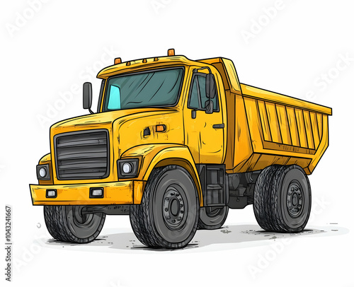 Yellow dump truck with black tires, isolated on white.