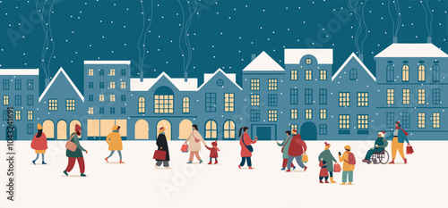 Happy people walking on street on winter holidays. Christmas city panorama.  European Old town at Xmas eve with cozy buildings. Snowy cityscape.