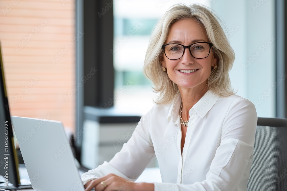 A Happy Cheerful Mid Aged Business Woman Executive in Office Using Laptop at Work, Smiling Professional Mature 40 Years Old Female Company Manager Working on Computer at Workplace A Happy Cheerful Mid Aged Business Woman Executive in Office Using Laptop at Work, Smiling Professional Mature 40 Years Old Female Company Manager Working on Computer at Workplace