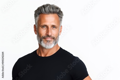 A Happy Middle Aged 45 Years Old Man Isolated on White Background. Confident Mature Handsome Gray-haired Male Model Wearing T-shirt Looking Away Touching Beard. Barbershop Services, Cosmetic Men Ads