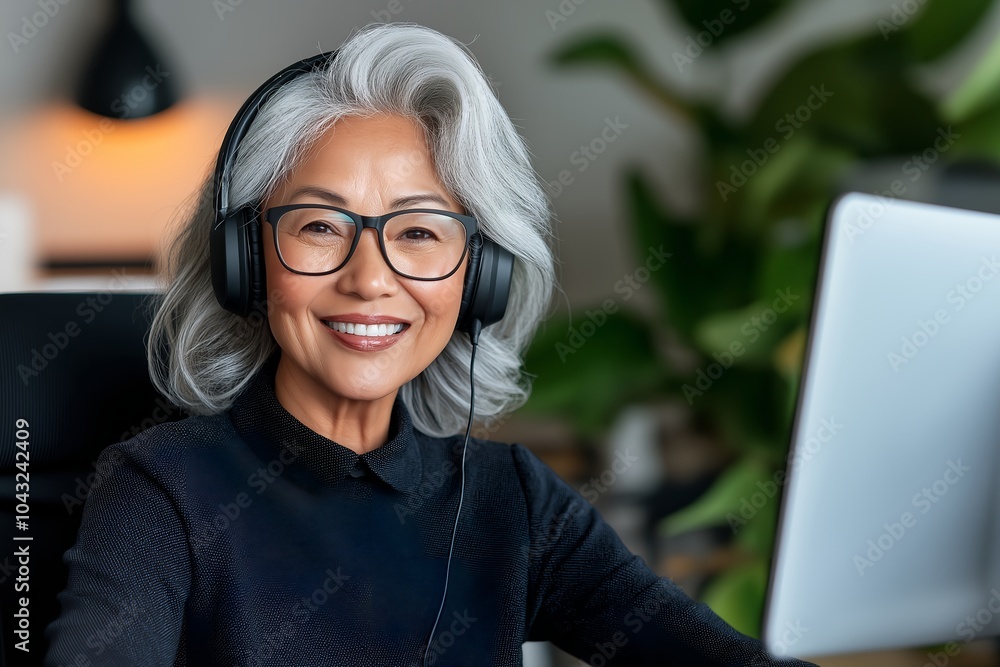 A Happy Smiling Asian Older Businesswoman Executive Manager in Headset Sitting at Desk Working Typing on Pc Laptop Consulting Customer on Computer in Contemporary Office. Business Technologies Concept A Happy Smiling Asian Older Businesswoman Executive Manager in Headset Sitting at Desk Working Typing on Pc Laptop Consulting Customer on Computer in Contemporary Office. Business Technologies Concept