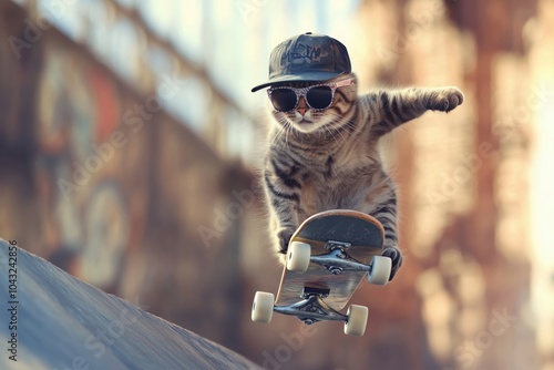 Cat performing skateboard trick on a ramp with cap photo