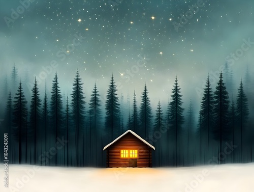 Enchanting snowy forest scene at twilight with icy pine trees sparkling under a starry sky charming log cabin with glowing windows and a festive Christmas spirit providing a whimsical painterly